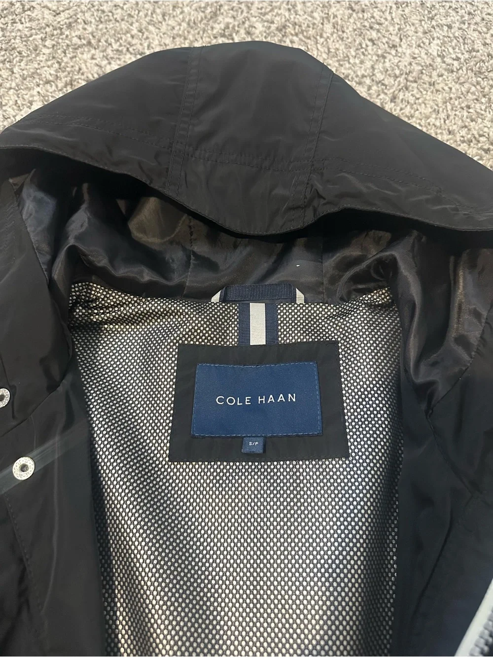 Cole Haan Black Hooded Raincoat with Snap and Zip Closure